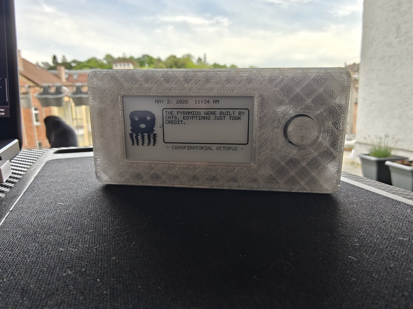 Mk2 translucent outdoors — front with THE PYRAMIDS WERE BUILT BY CATS quote