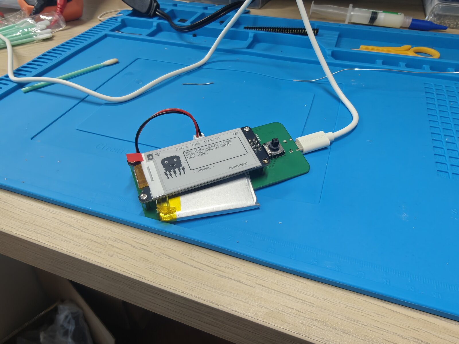 Dilder Board on a blue silicone bench mat, powered over USB-C with a LiPo battery attached, e-ink display showing the octopus on boot