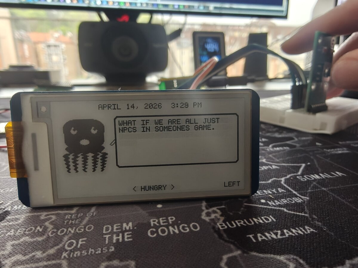 Joystick mood selector showing HUNGRY mood with LEFT input