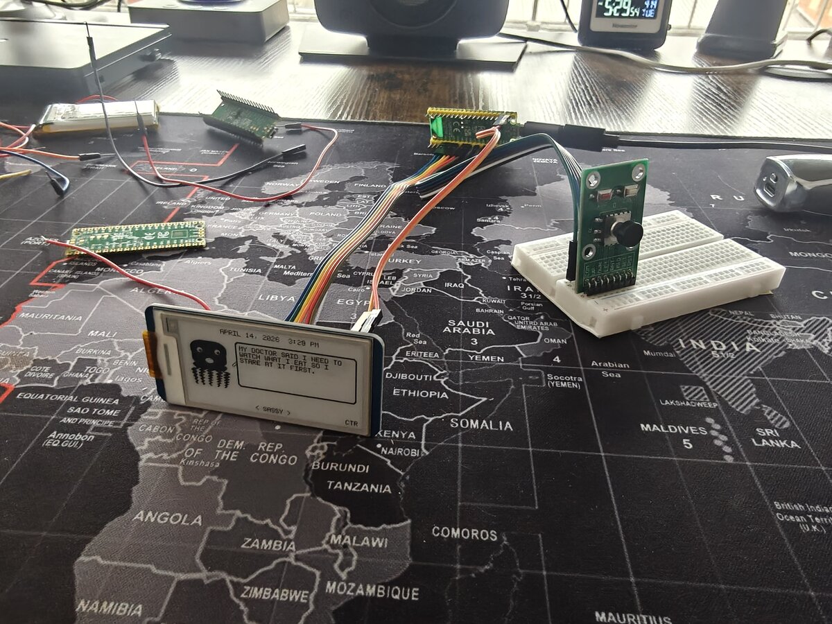 Full test bench with Pico W, e-Paper display, and joystick module