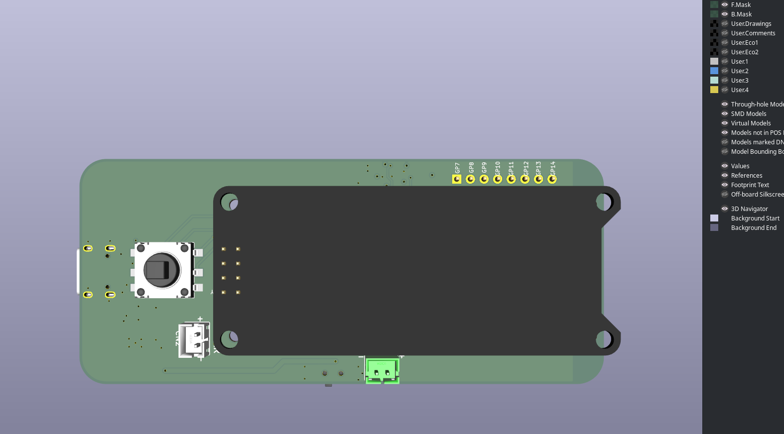 Dilder Full Board Rev 1 — back render with joystick and e-paper SPI breakout