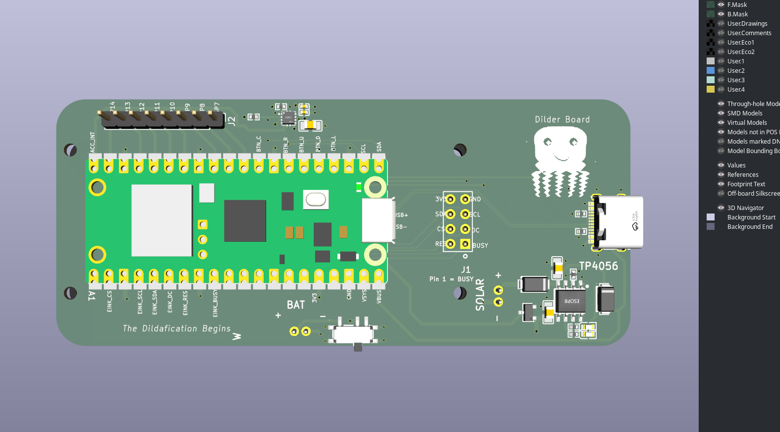 Dilder Full Board Rev 1 — front render with Pico module placed
