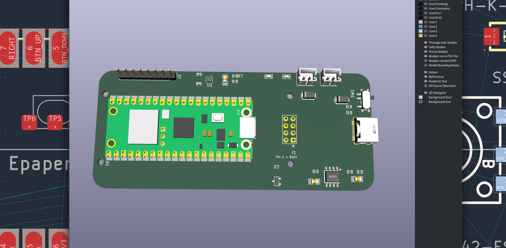 Dilder Full Board Rev 1 — 3D top view of the routed board with Pico module placed