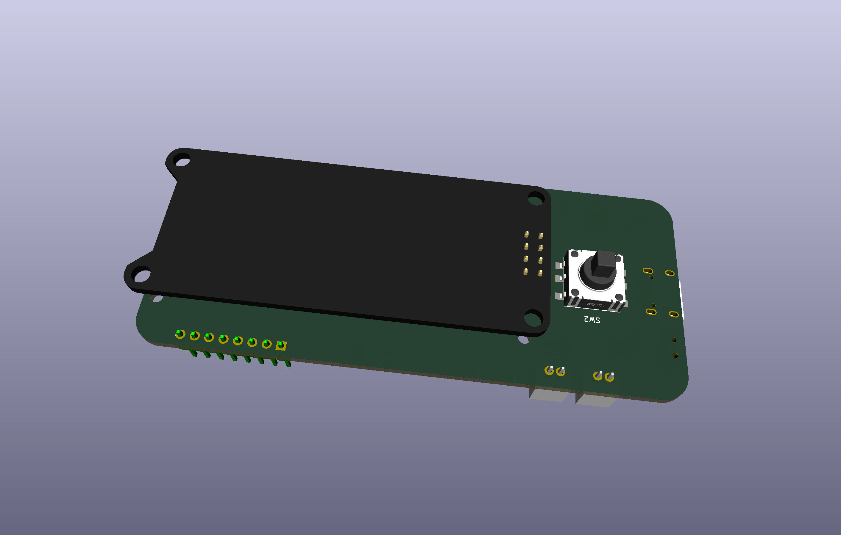 Dilder Full Board Rev 1 — 3D render with e-paper display floating above the board
