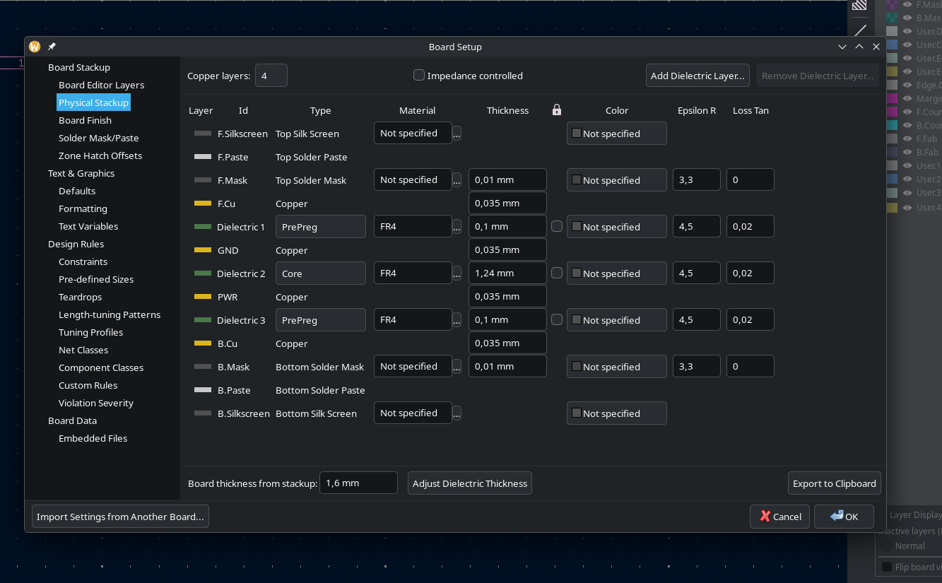 KiCad board setup — 4-layer stackup configuration screen