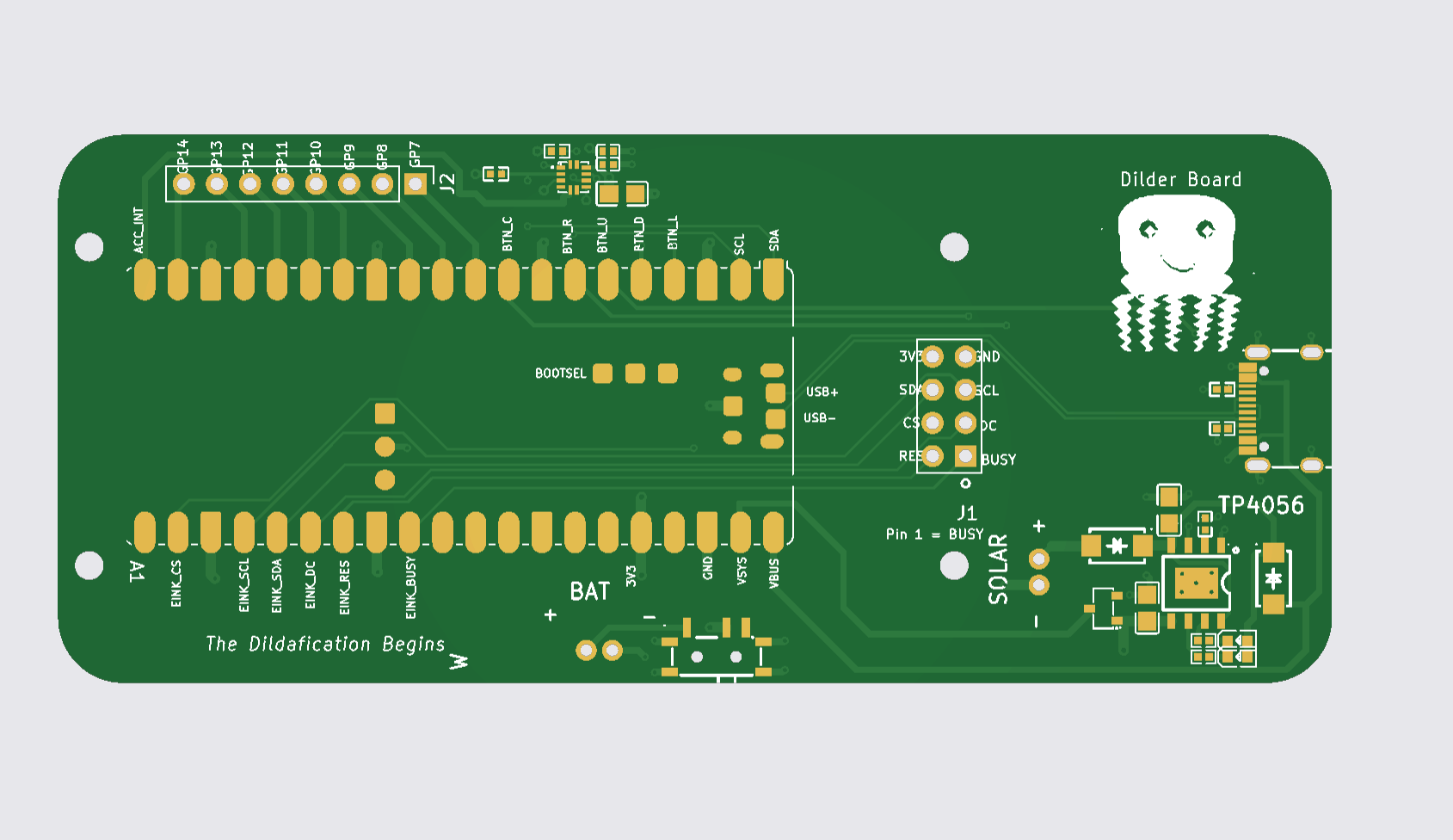 Dilder Full Board Rev 1 — front silkscreen with The Dildafication Begins tagline