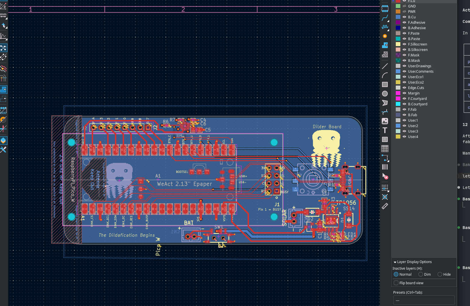 Dilder Full Board Rev 1 — PCB layout in KiCad with all traces routed