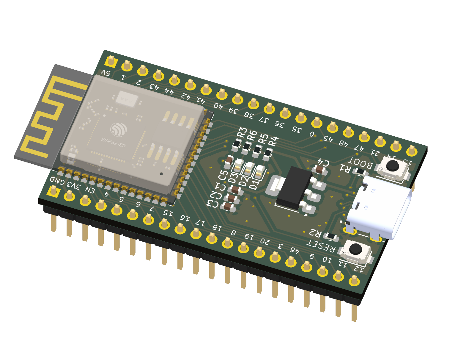 ESP32-S3 Basic Dev Board — 3D render