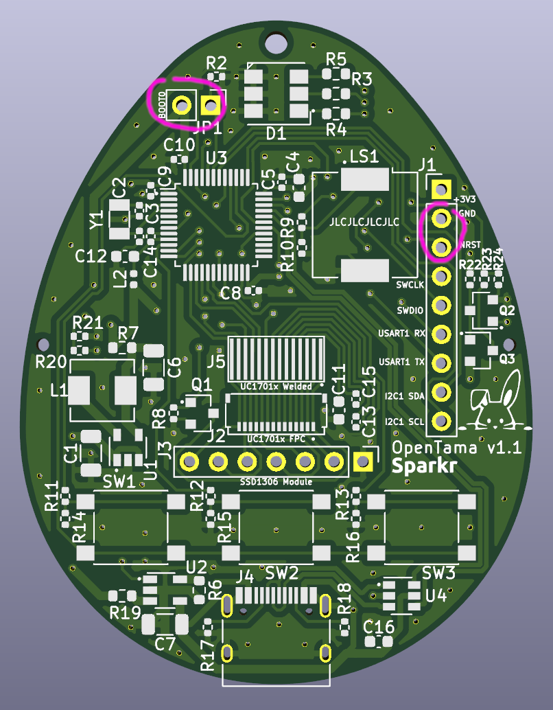 OpenTama PCB layout — egg-shaped board