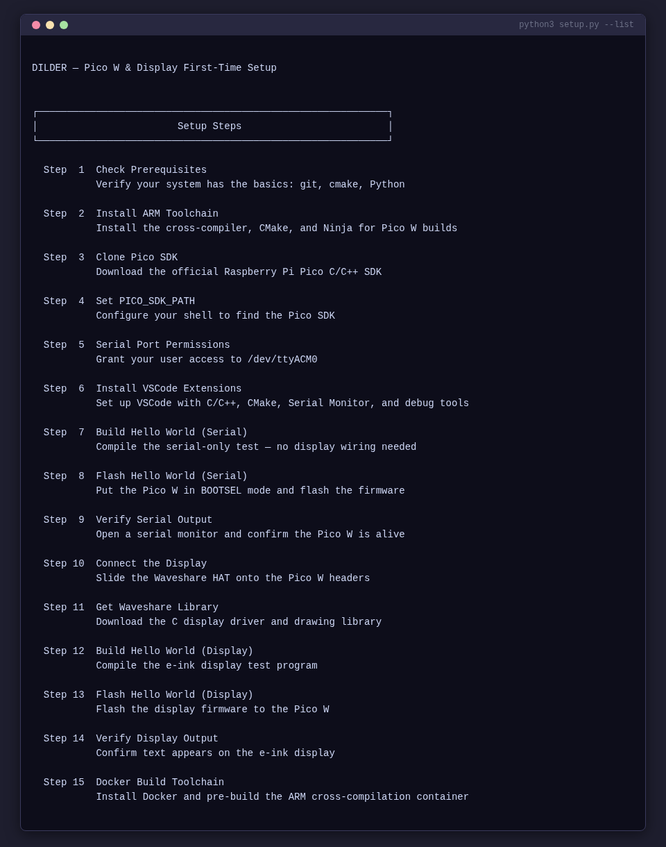 Setup CLI step list