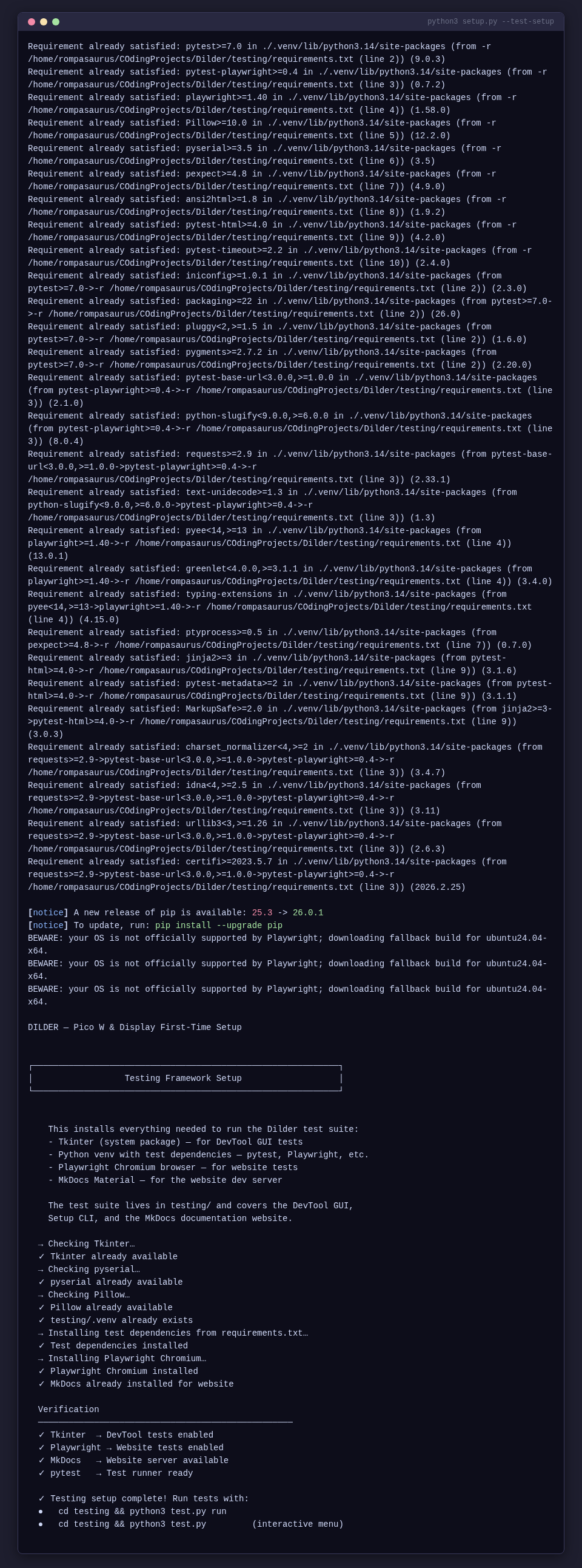 Testing framework setup